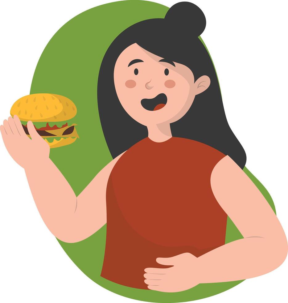 Woman Eating Hamburger. vector