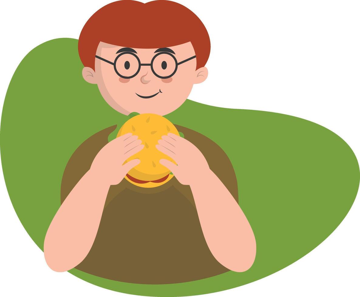 Man Eating Hamburger in Flat Cartoon Design. vector