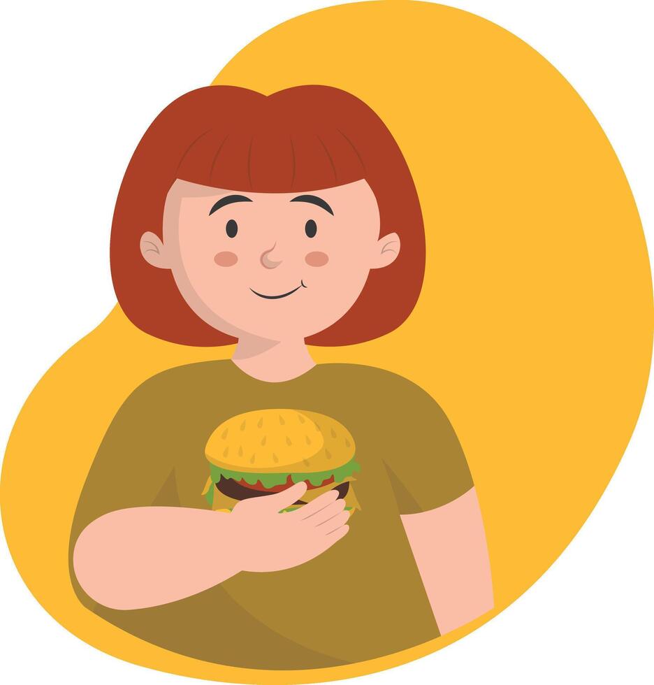 Woman Eating Hamburger in Flat Design vector