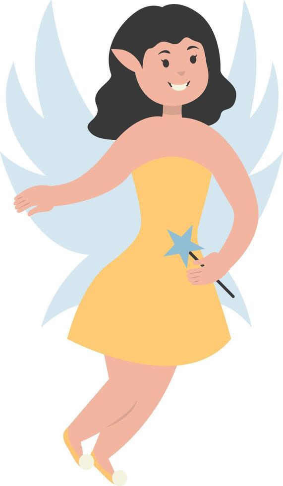 Happy Little Girl Fairy in Flat Cartoon Design. vector