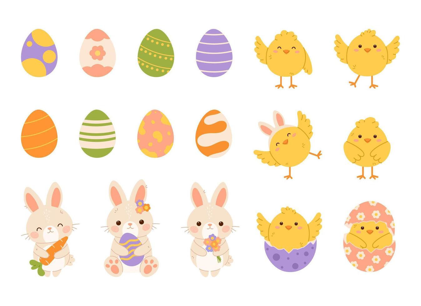 Set of Easter elements. Easter bunny, chicks and eggs. Flat isolated illustration vector