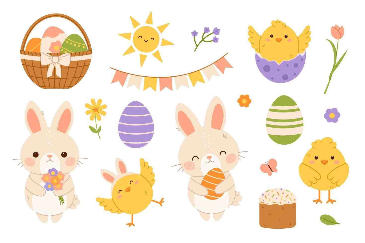 Easter elements set. Easter bunny, chicks and eggs. Flat isolated illustration vector