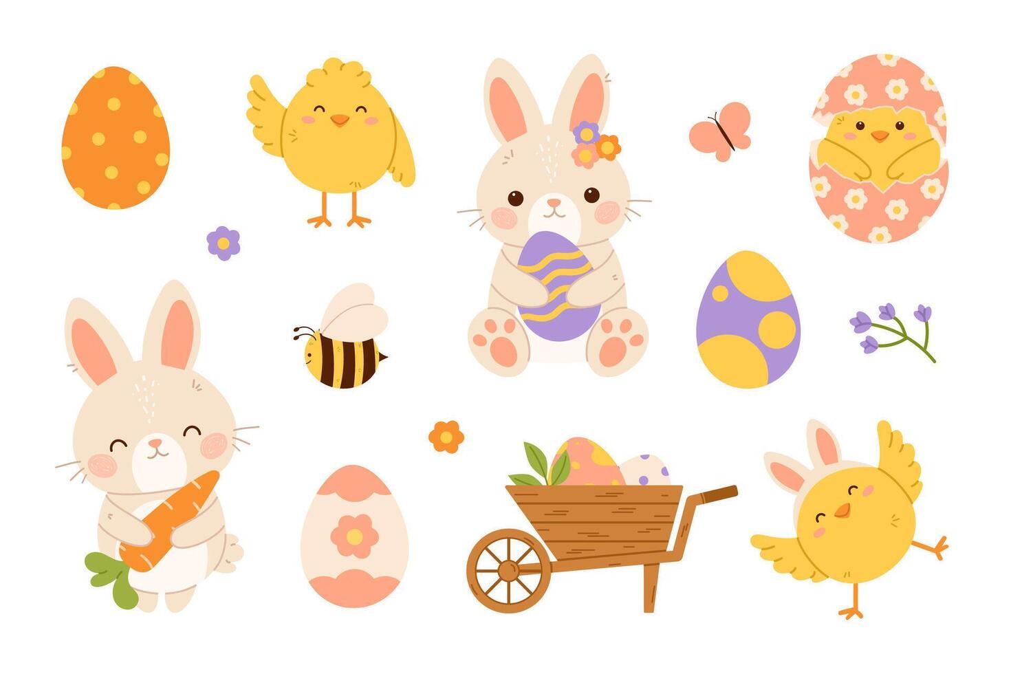 Easter decoration set. Easter bunny, chicks and eggs. Flat isolated illustration vector