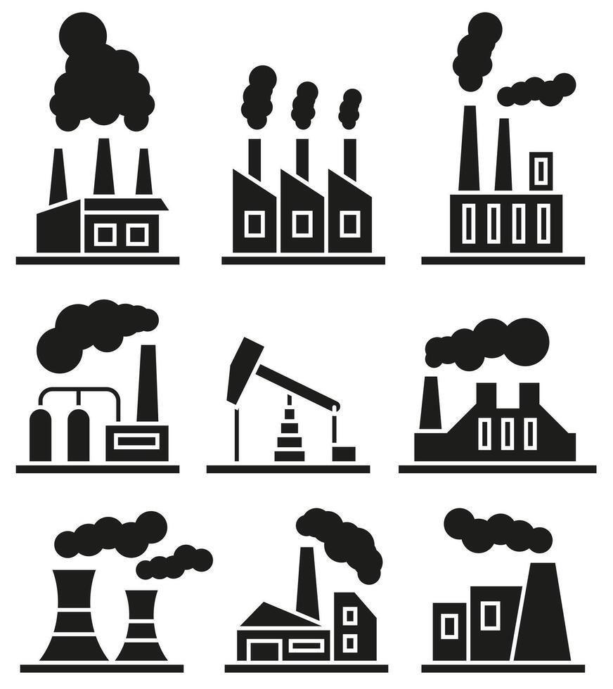 Set of dark icons of factory buildings. Factories for energy production. vector