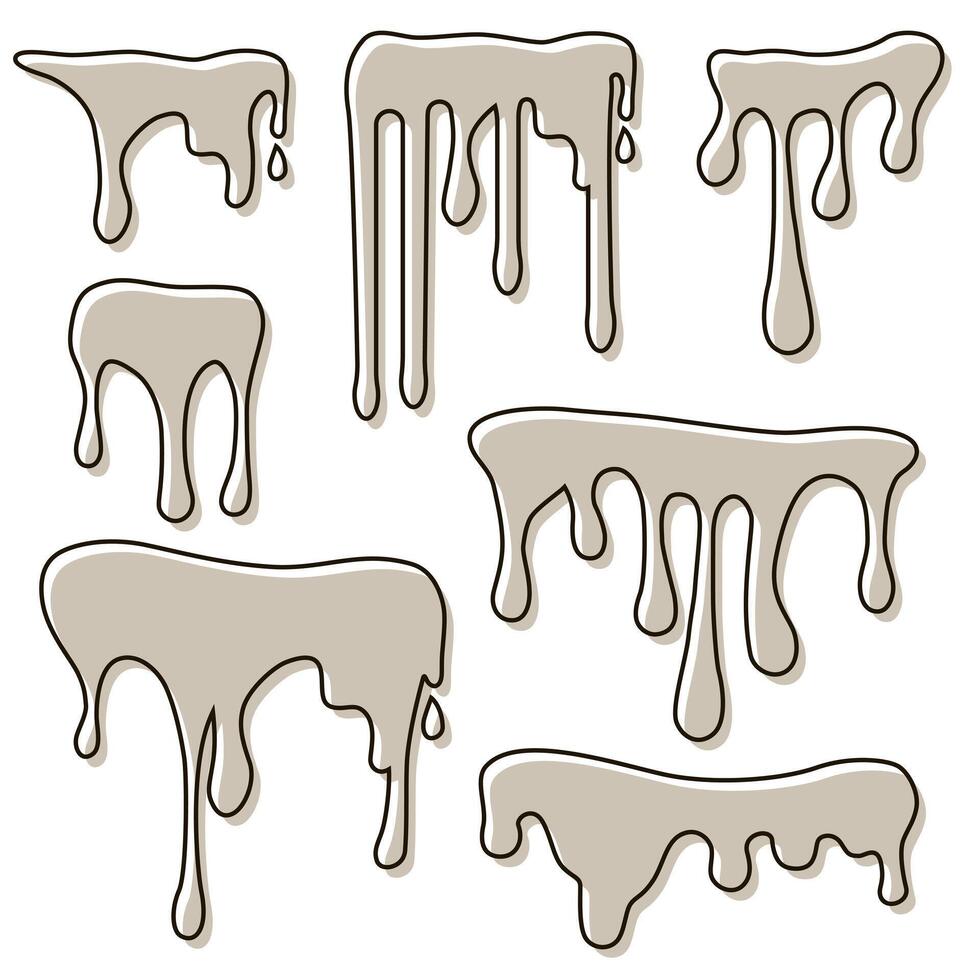Dripping paint with stroke. Chocolate substance drips and flows. Substance flow set. vector