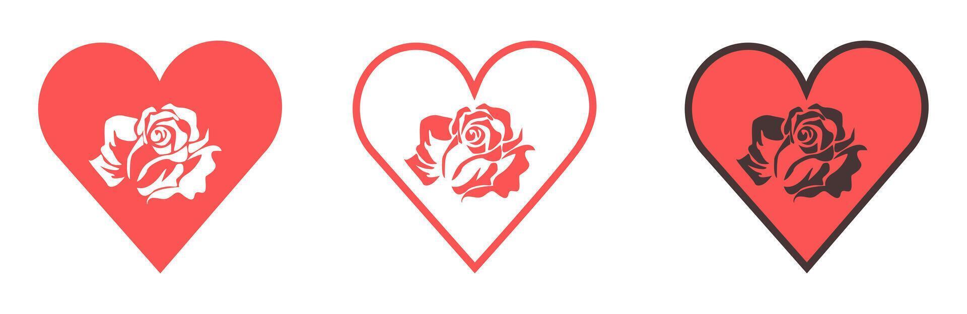 Set of heart icons with a rose inside. Collection of drawn hearts for website, symbol of love and Valentine's Day. vector
