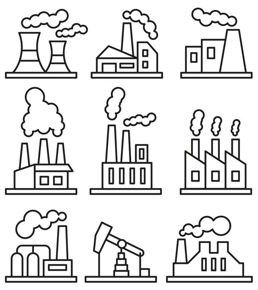 Factory thin line icons. Set of factory buildings. Factories for energy production. vector