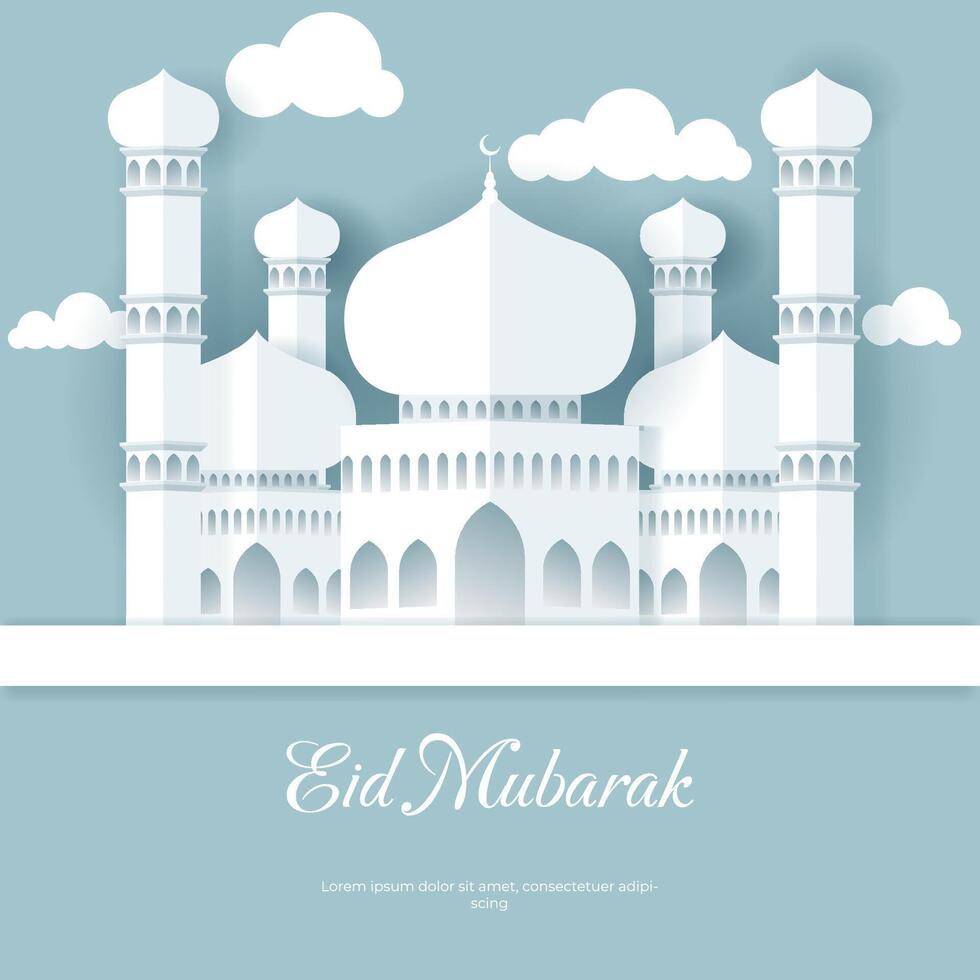 eid mubarak papercut mosque greeting card background with white color vector