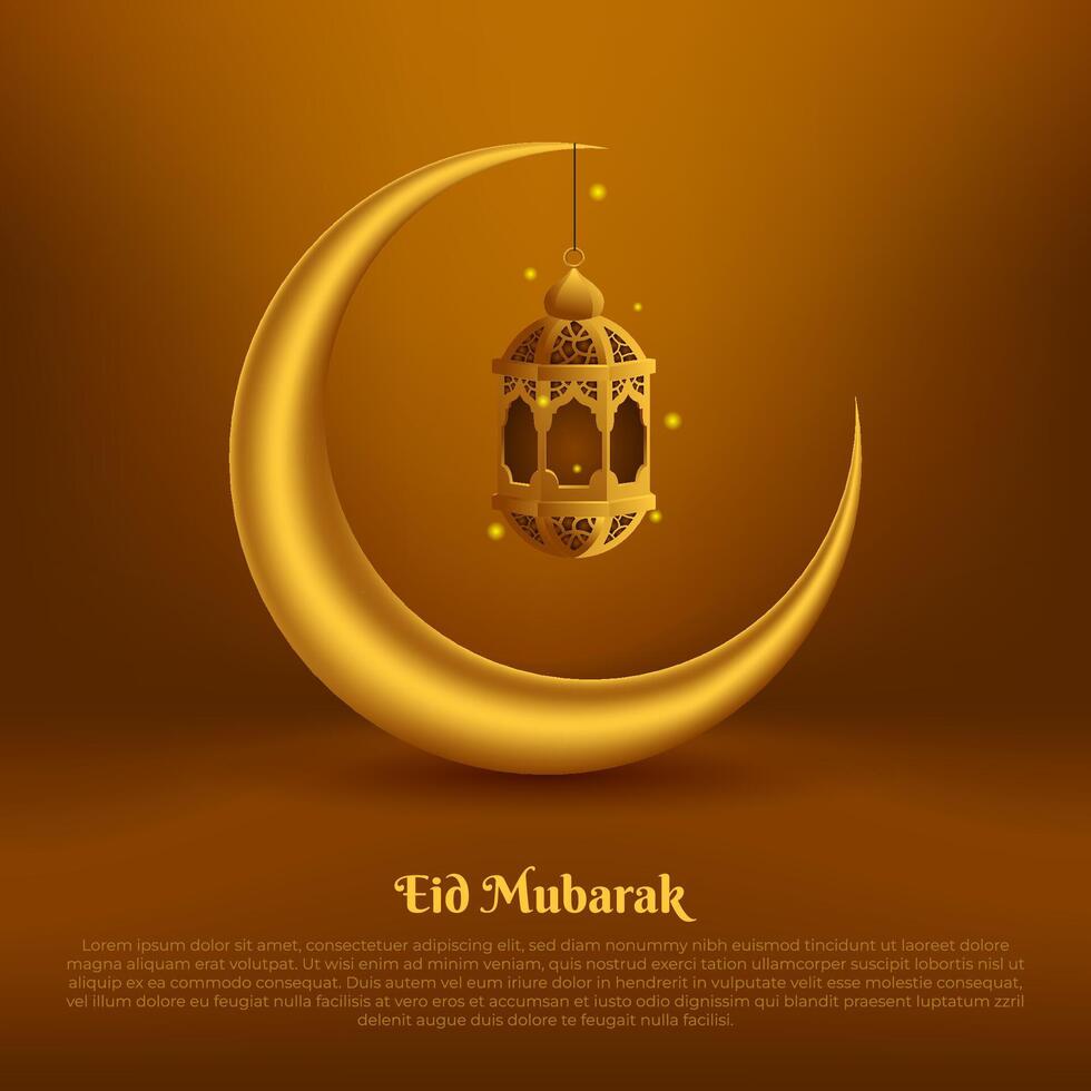 eid mubarak greeting card background with golden 3d crescent and lantern. islamic design. vector