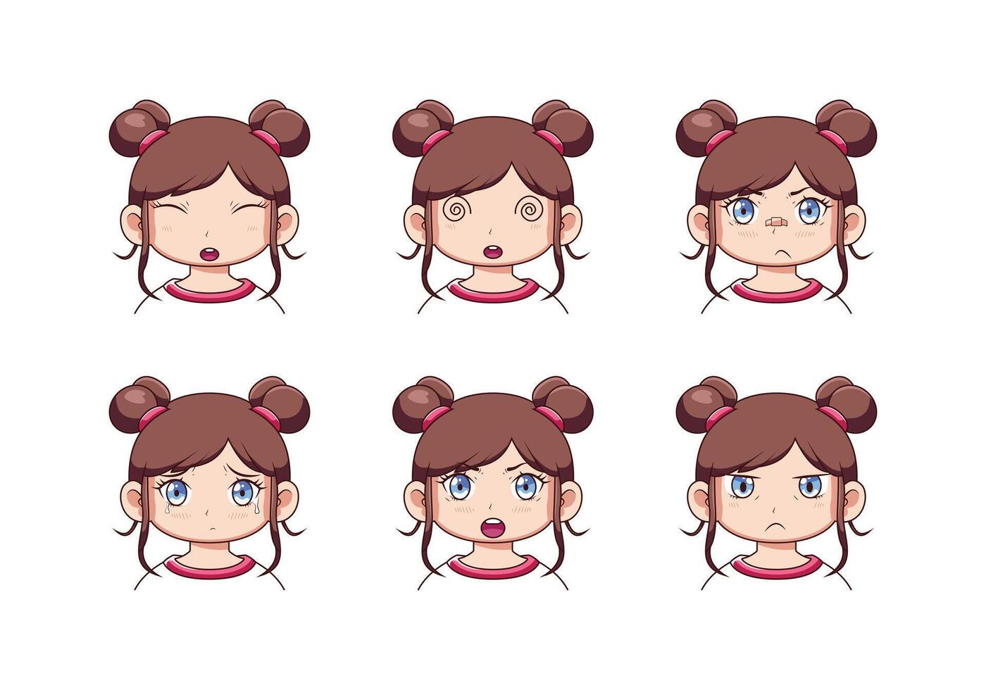 Collection of illustrations of cute cartoon girls with two pigtails with various expressions vector
