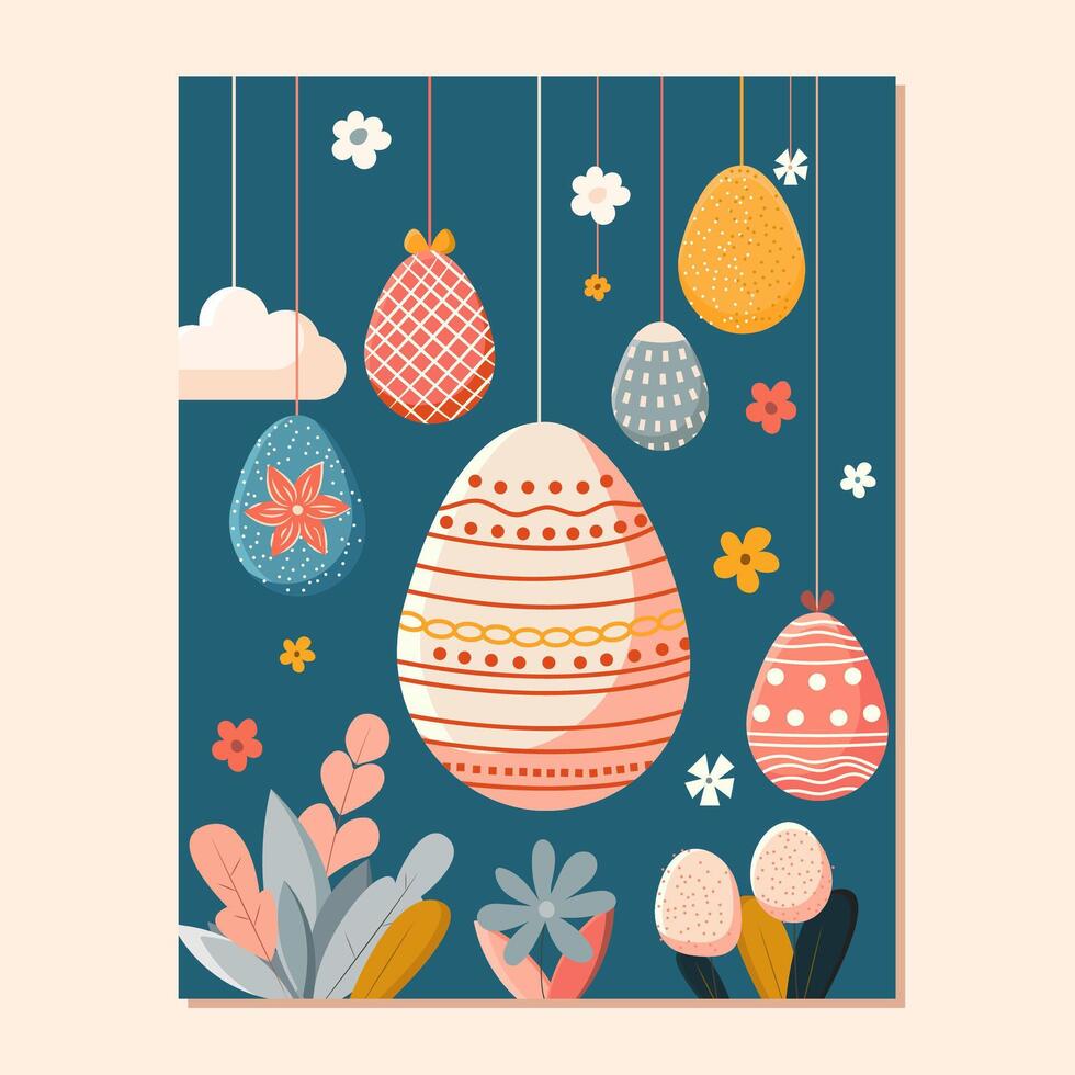 cute card with easter eggs and flowers in flat style on blue background. easter illustration with colorful eggs vector