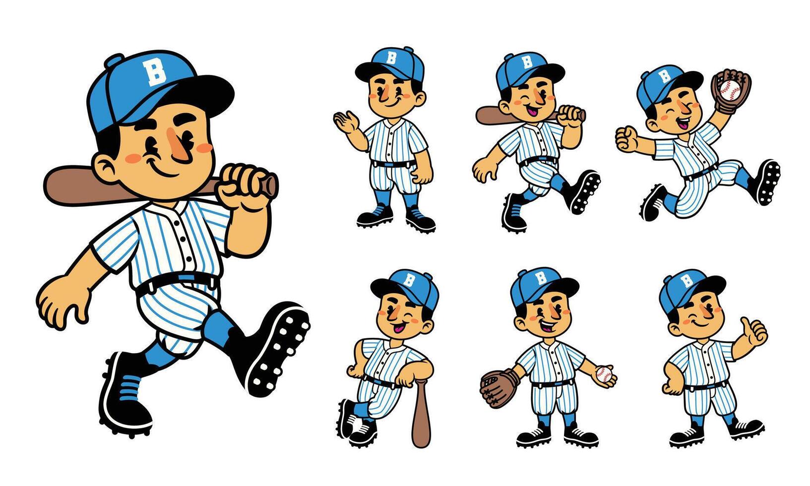 Happy Cartoon Character Set Of Baseball Player vector