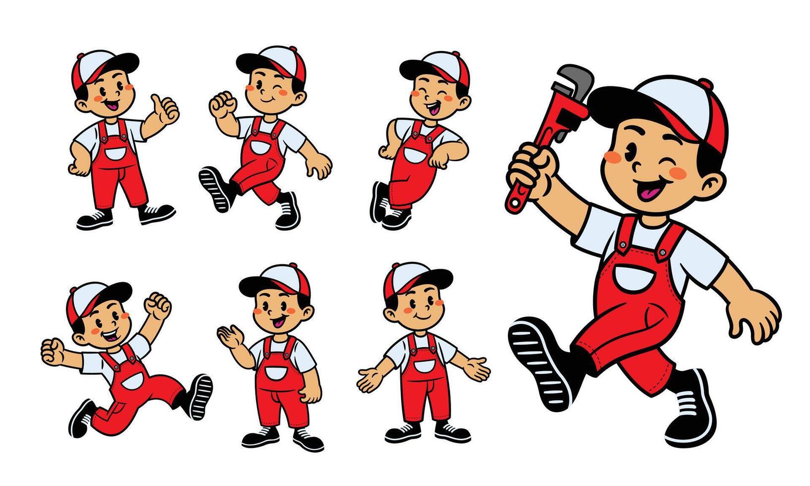 Joyful Cartoon Character Set Of Plumber vector
