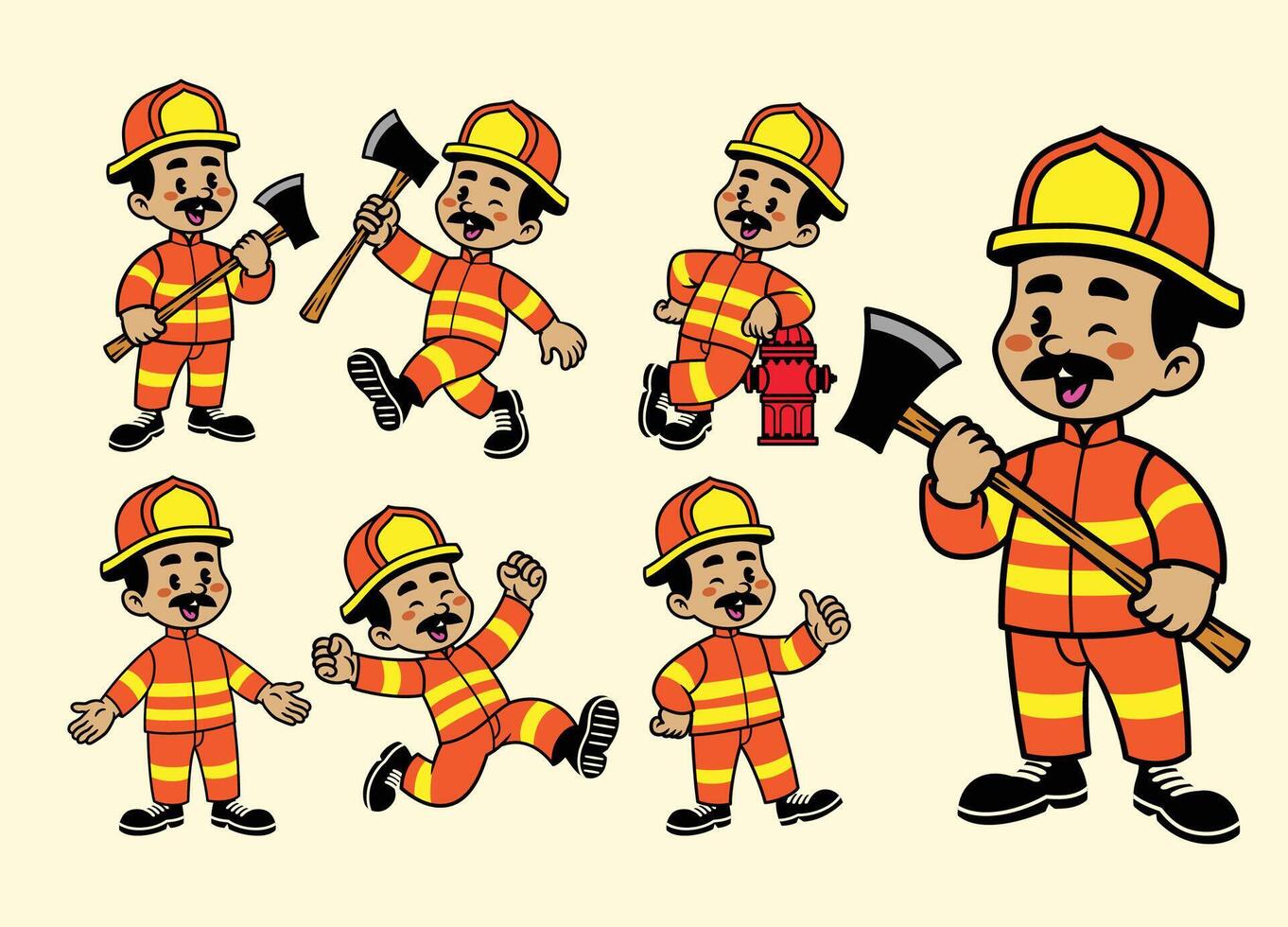 Joyful Cartoon Character Set Of Fireman vector