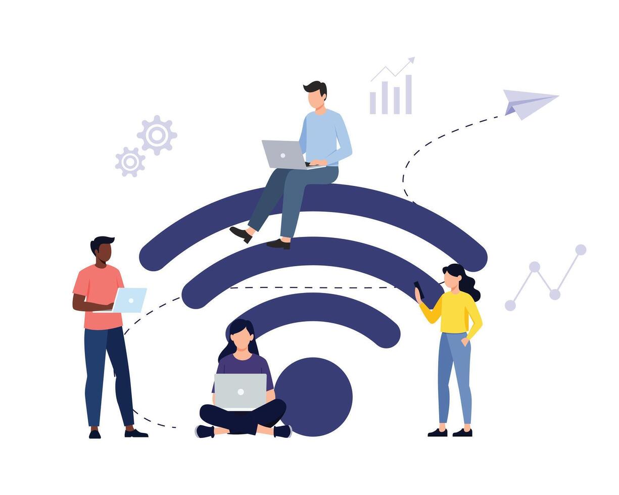 Teamwork and project delegation. Employee work from home remotely. People with different skills connecting together online and working on the same project, remote work vector