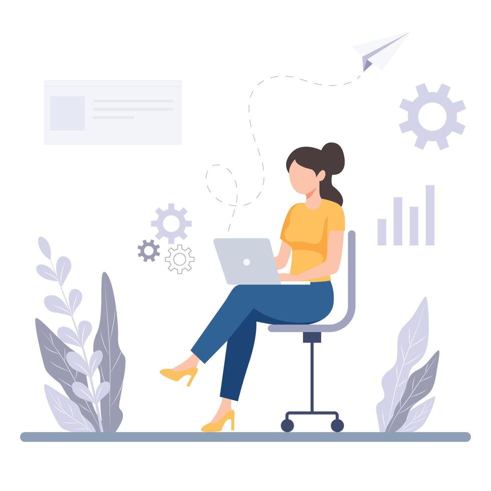 Work at home concept design. Freelance woman working on laptop at her house, dressed in home clothes.illustration isolated on white background. vector