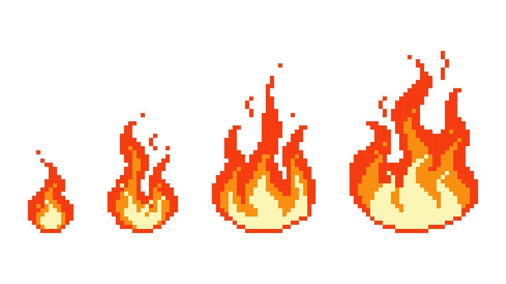 Burning pixel fire ignition. Small red bonfire turning into fiery hell consequences of explosion blazing with raging flame. vector
