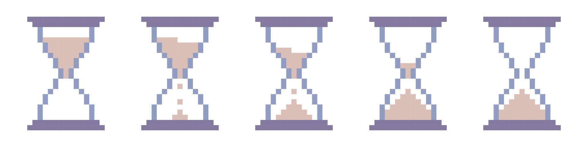 Pixel web hourglass icon set. Pixelated timer with sand animation for time and countdown to measure minutes and seconds interface vector