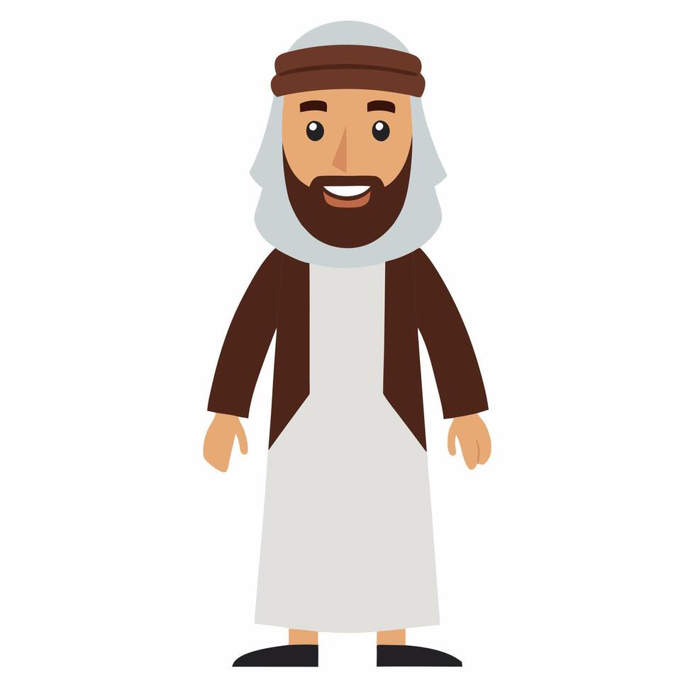 a cartoon arab man in traditional muslim.Sheikh in traditional middle Eastern man clothes.Front view. Isolated on white background. vector