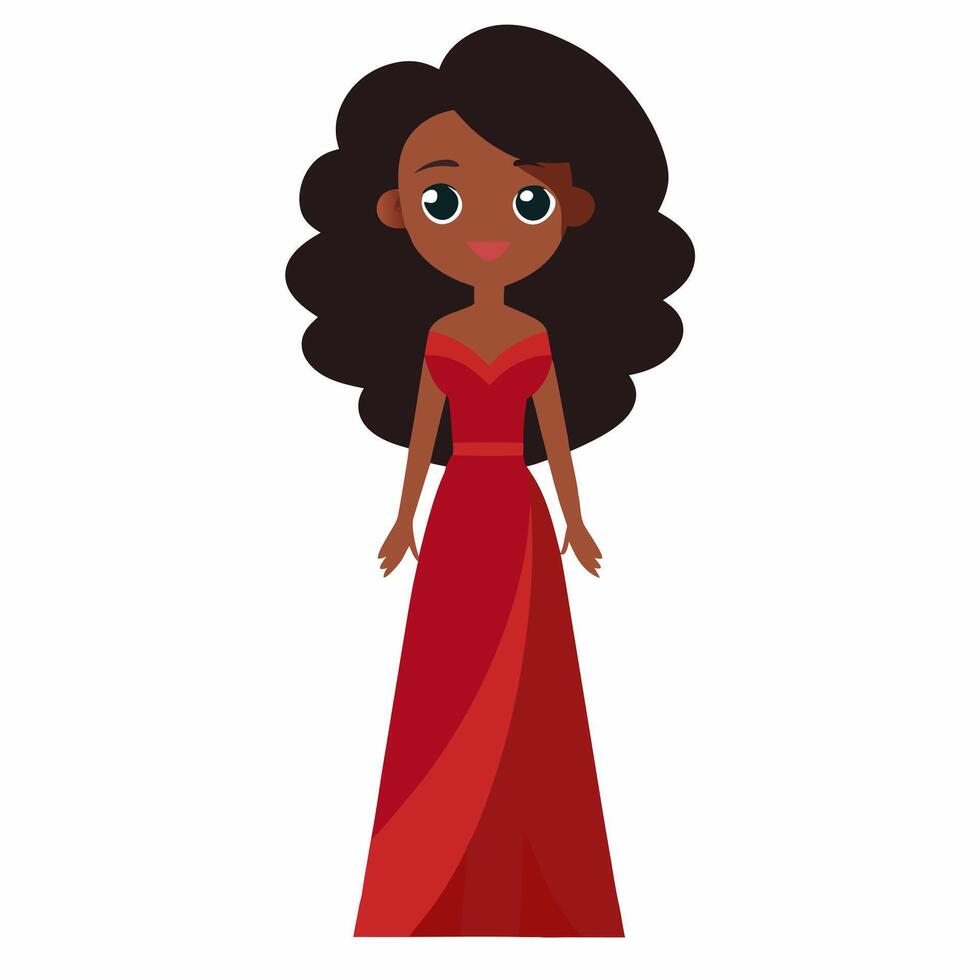 a cartoon African American woman with dark hair. Dark skinned doll in a red evening dress. Isolated on white background. Front view. vector