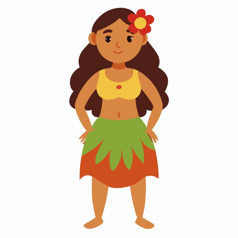 a cartoon Hawaiian hula woman in traditional clothing and with an exotic flower in her hair. Luau party Hawaii woman. Isolated on white background. vector