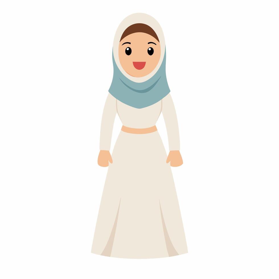 a cartoon muslim women in traditional wedding white clothing. Isolated on white background. Front view. vector