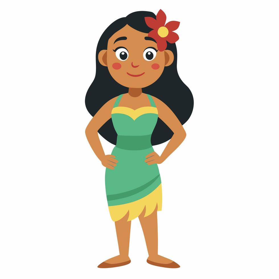 cartoon young woman hula dancer in traditional hawaiian skirt and with an exotic flower in her hair. illustration isolated on white background vector