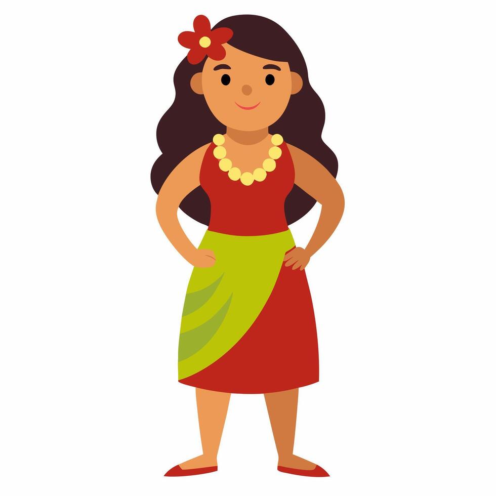 cartoon cutte woman hula dancer in traditional hawaiian skirt and with an exotic flower in her hair .Illustration isolated on white background vector