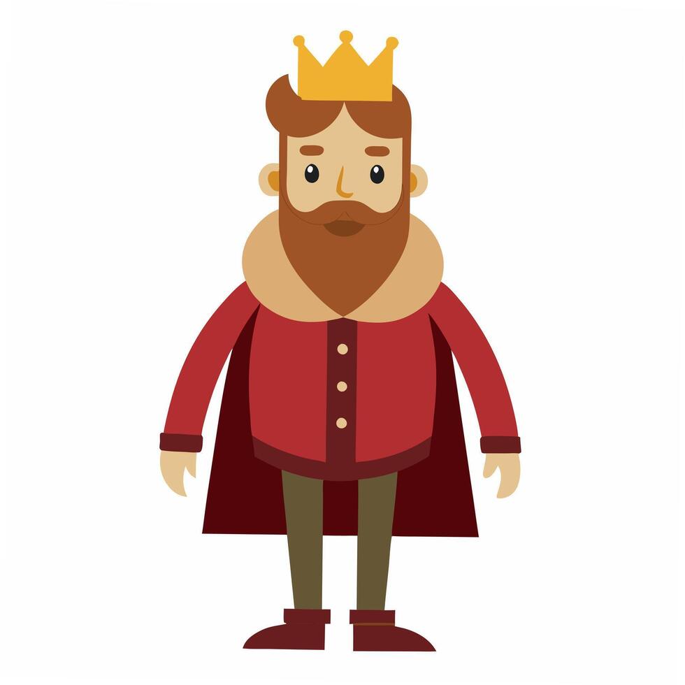 a cartoon medieval royal king in the red clothes.Children's picture of the king.Isolated on white background. Front view. vector