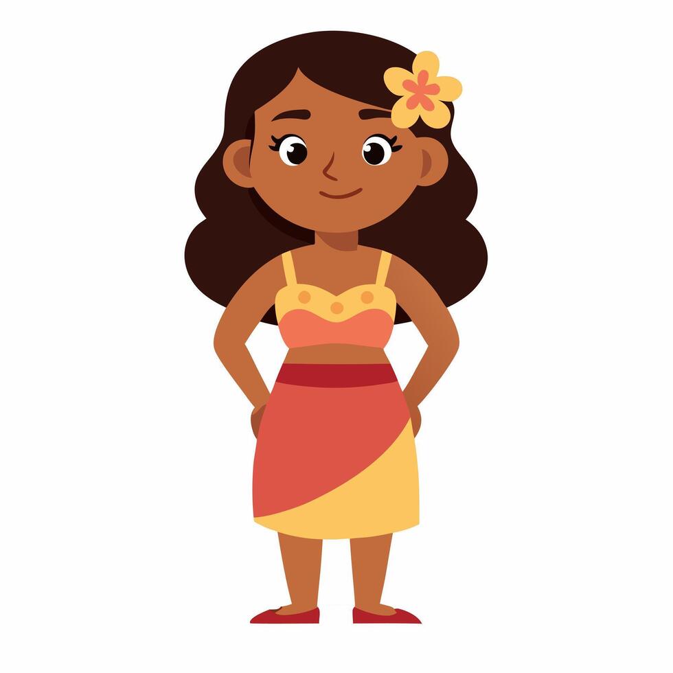 a cartoon Hawaiian hula woman in traditional clothing and with an exotic flower in her hair. Luau party Hawaii woman. Isolated illustration on white background. Front view. vector