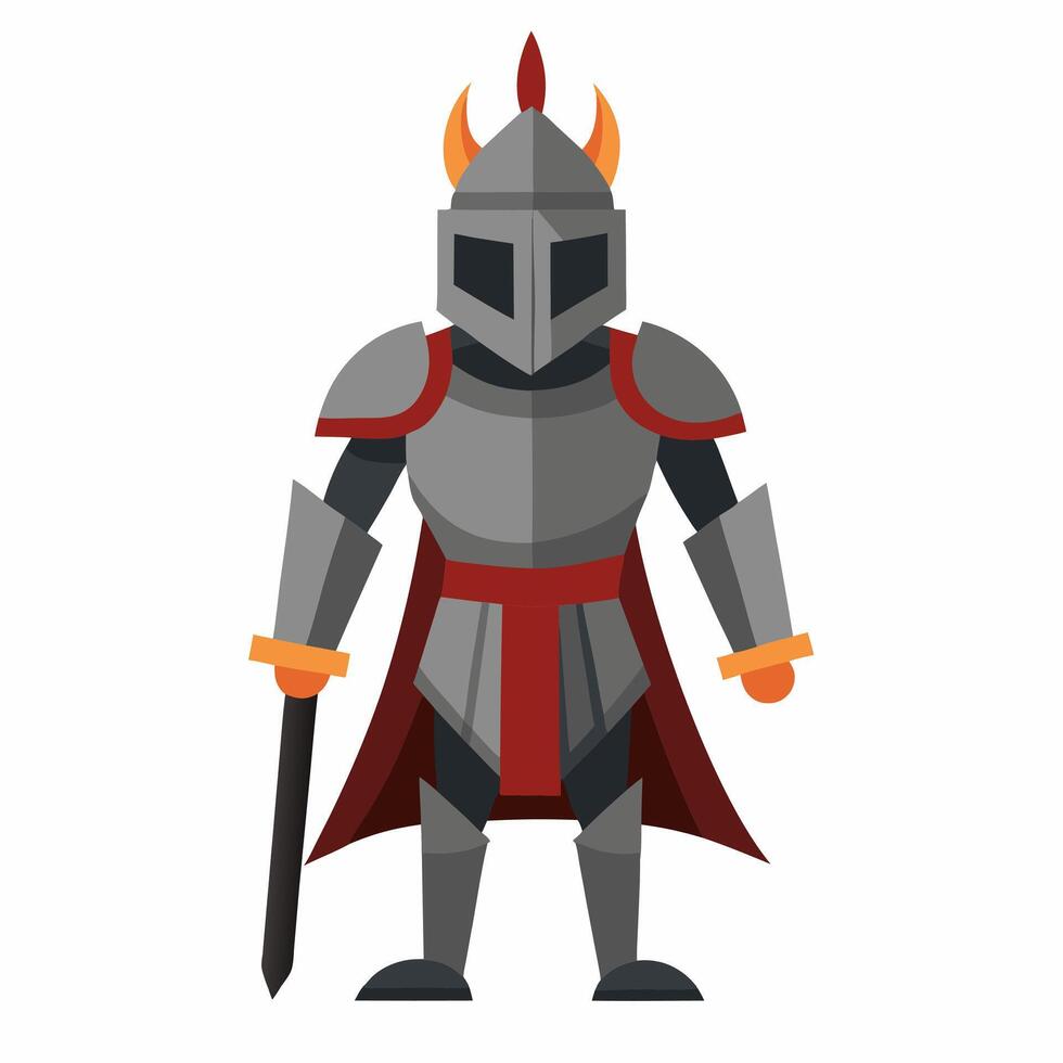 a cartoon medieval knight with sword ready to fight illustration. Isolated on white background. Front view. vector
