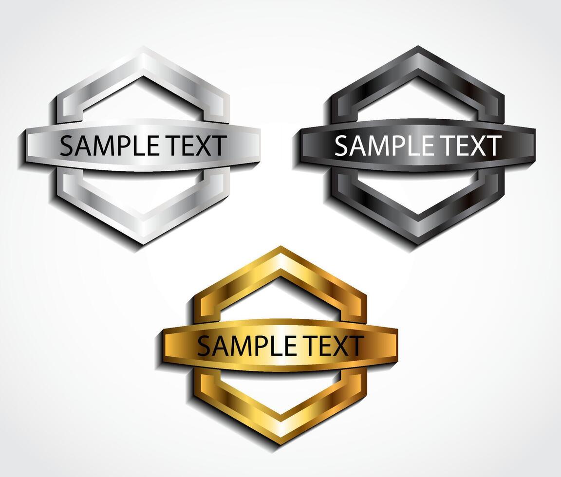 3d shiny metal hexagon label silver black gold color set vector