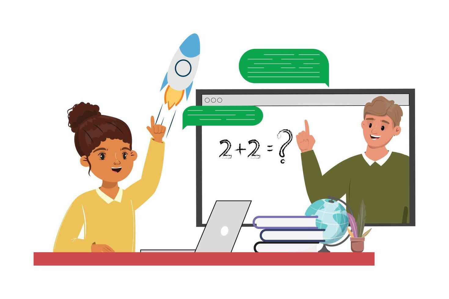 Back to school digital education scene with a young girl learning online, books, a globe, and a rocket vector