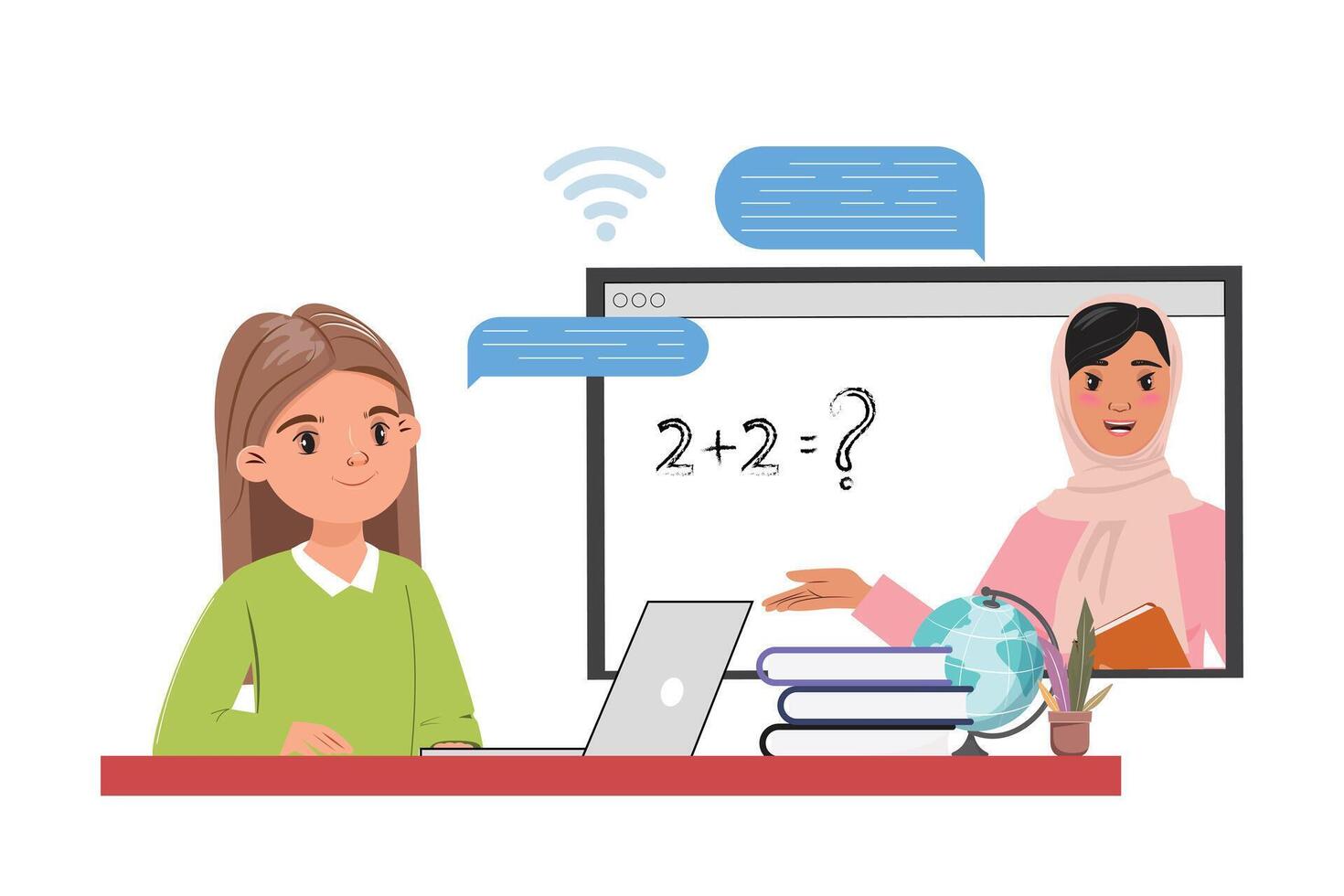 Elearning concept with a young girl attending an online math class, a Muslim teacher on the screen, and a Wi Fi symbol vector