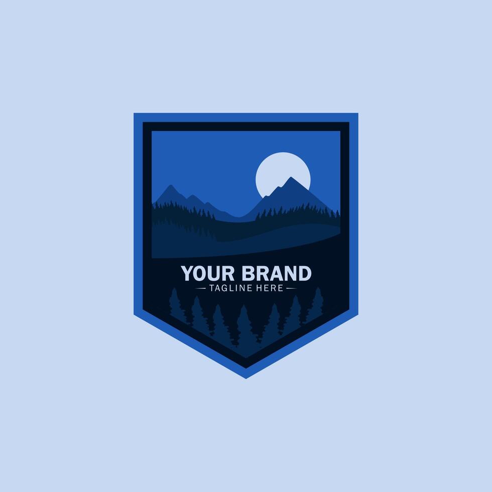 A badge with a mountain and trees in the background vector
