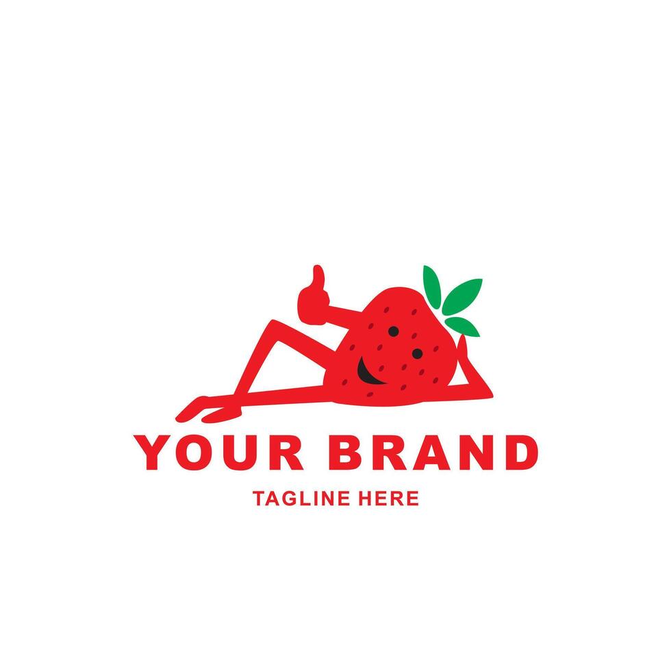 Strawberry character logo design is relaxing vector