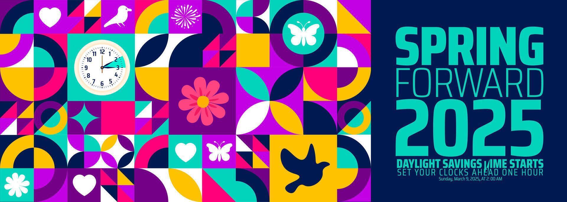 Spring Forward concept 2025 geometric shape pattern background or banner design. Daylight Saving Time Starts background vector