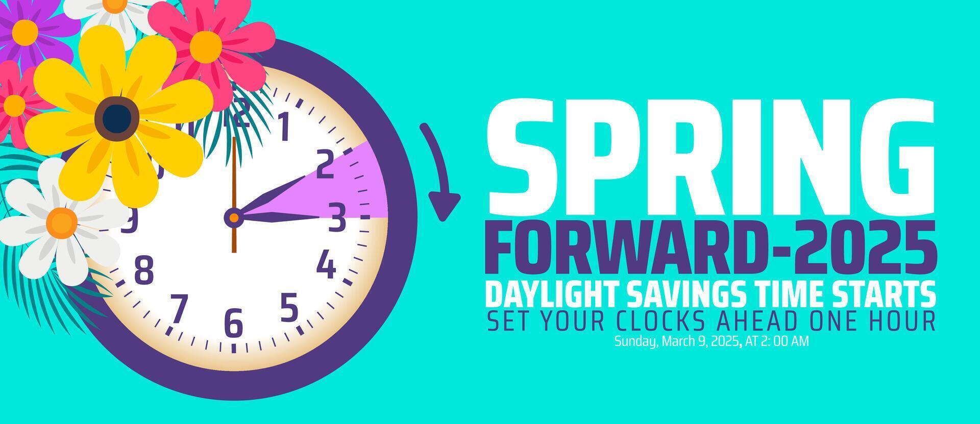 Spring Forward concept 2025 banner with flower and clock design. Daylight Saving Time Starts background with cartoon doodle style with funny clock flower. schedule of changing clocks vector