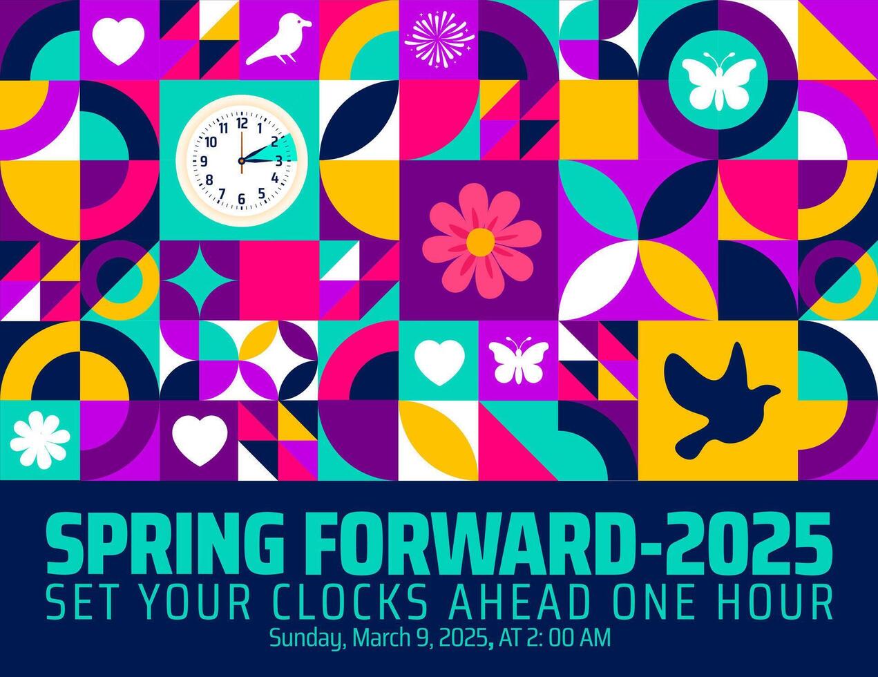 Spring Forward concept 2025 geometric shape pattern background or banner design. Daylight Saving Time Starts background with cartoon doodle style with funny clock flower. vector