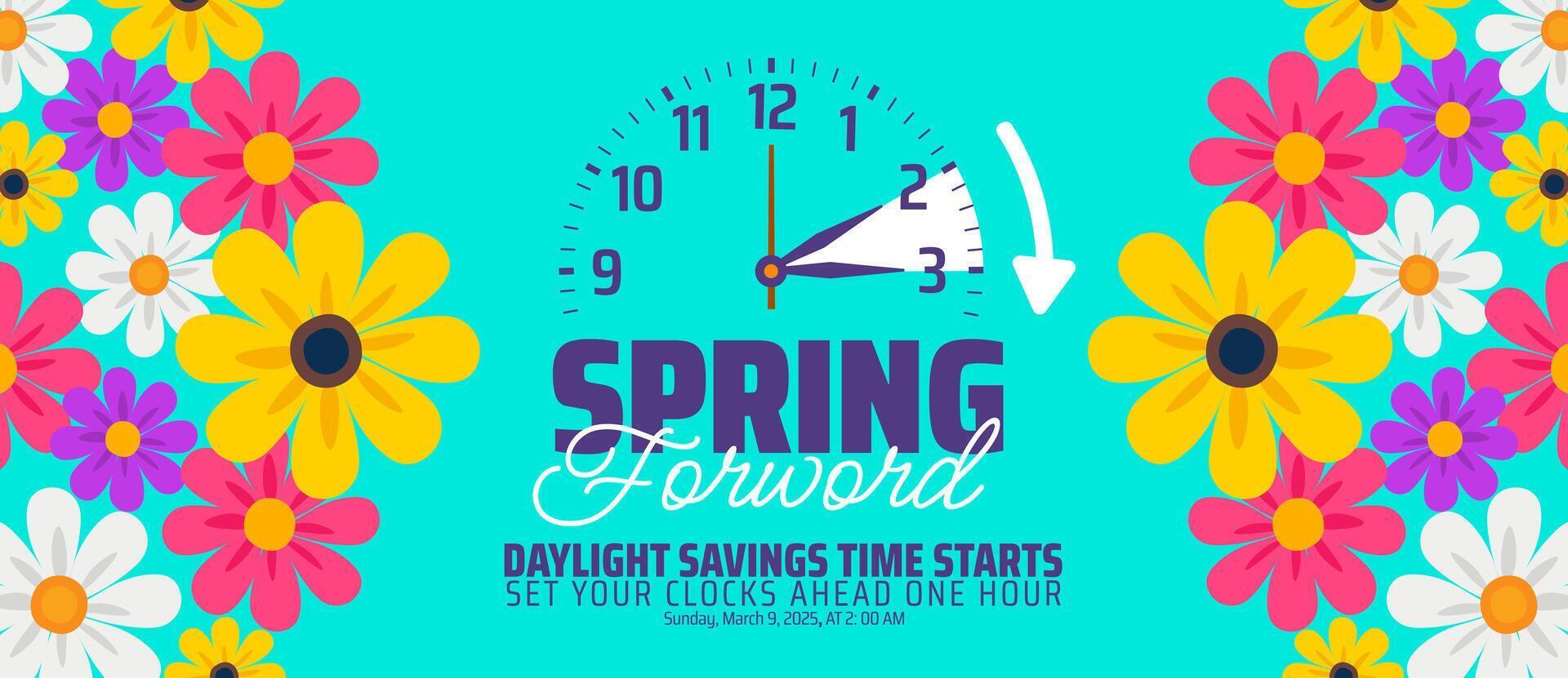 Spring Forward Daylight Saving Time Starts background with flower and clock design. Spring Forward set your clock ahead one hour banner with doodle style schedule of changing clocks at march 09 vector