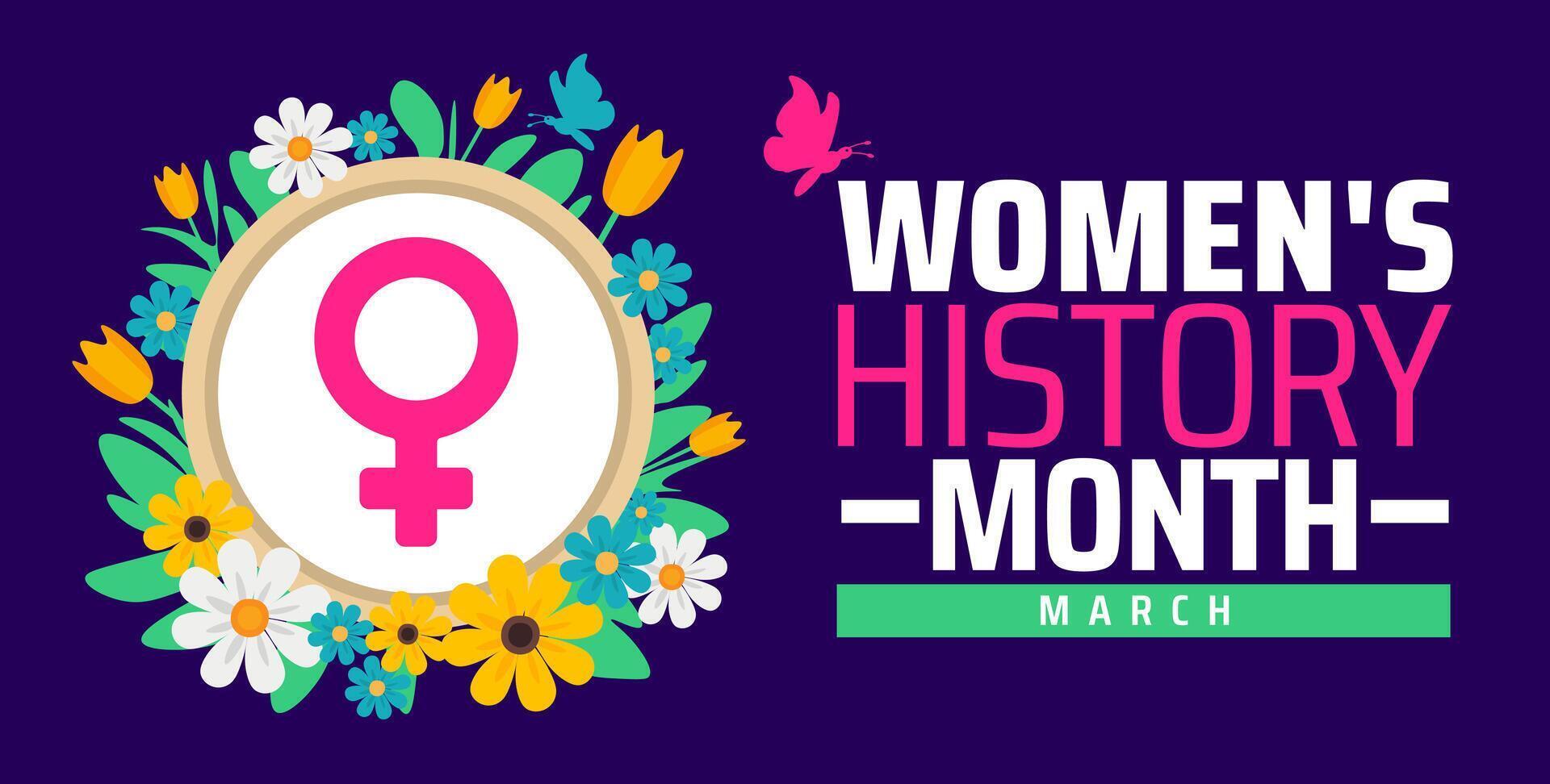 Women's History Month background banner or poster design template with women sign and flower. observed every year in March. Holiday concept. Use to any Template, card, poster, placard, template. vector