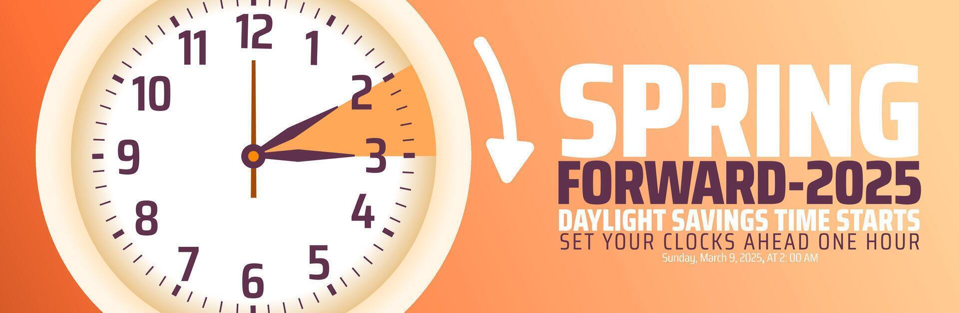 Spring Forward concept 2025 banner with flower and clock design with golden color. vector