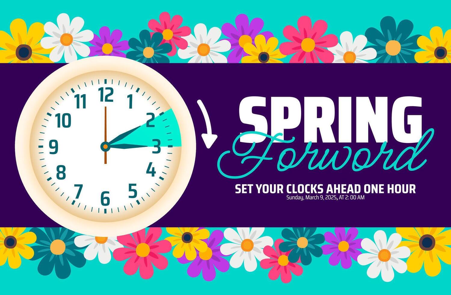 Spring Forward concept 2025 banner with flower and clock design. vector