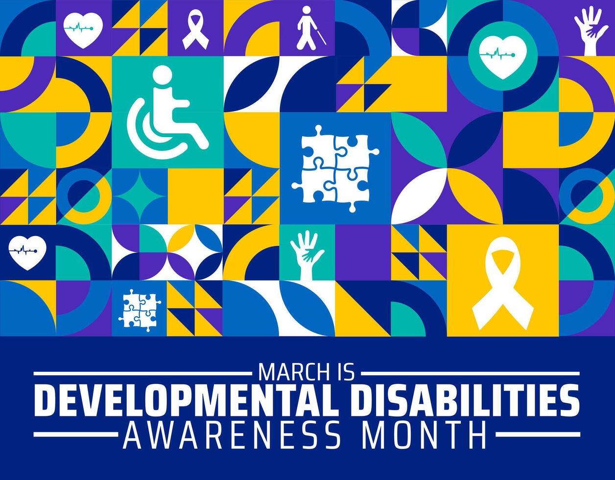Developmental Disabilities Awareness Month geometric shape pattern background banner or poster design template. observed every year in March. Holiday concept. Use to any Template, card, poster. vector