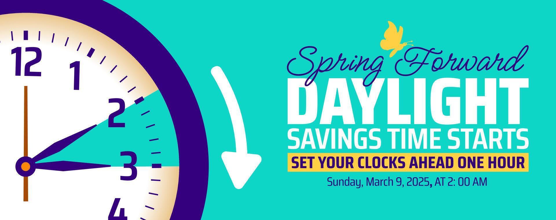 Spring Forward concept 2025 banner with flower and clock design with blue color vector