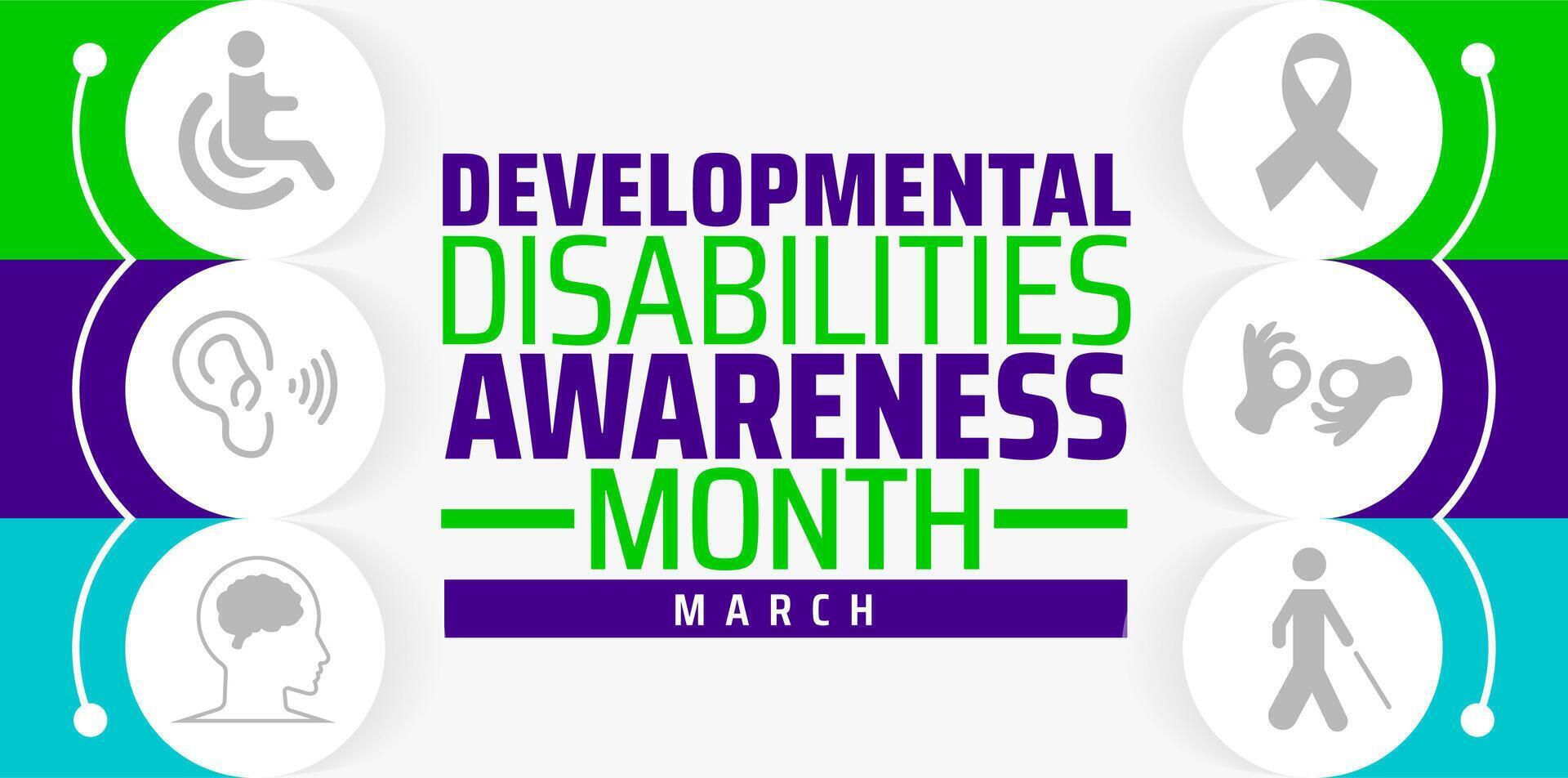 Developmental Disabilities Awareness Month background banner or poster design template. observed every year in March. Holiday concept. Use to any Template. vector