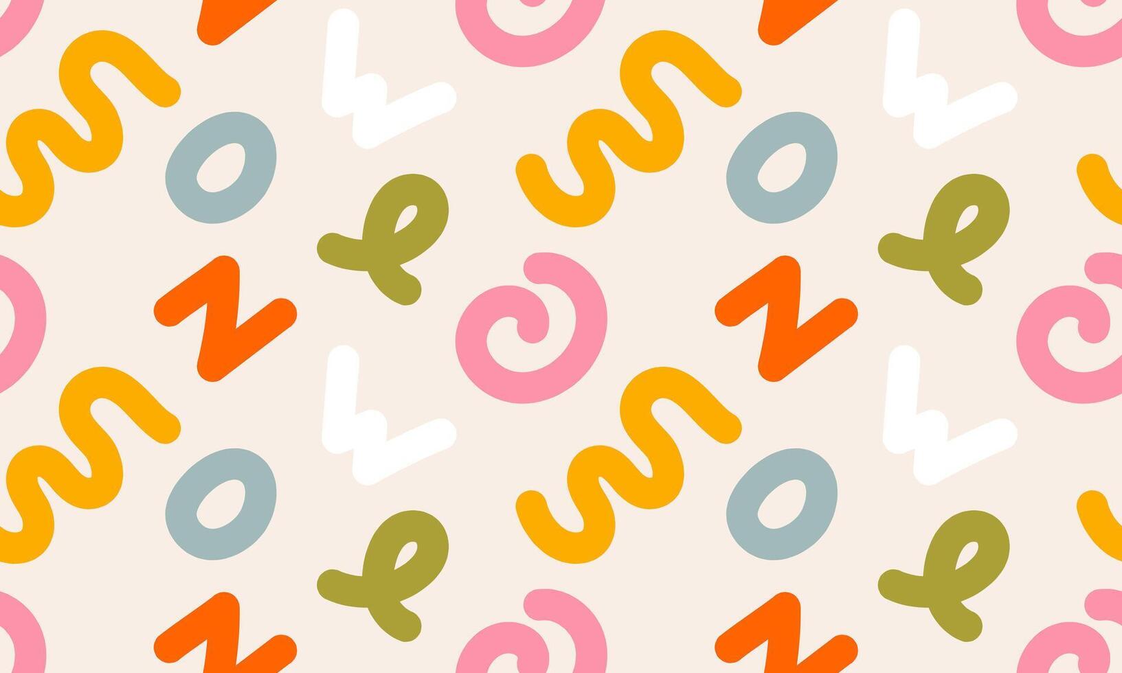 Festive minimal pattern in fun doodle style. Colorful confetti, swirls, bundle, hand drawn line shapes on beige background vector