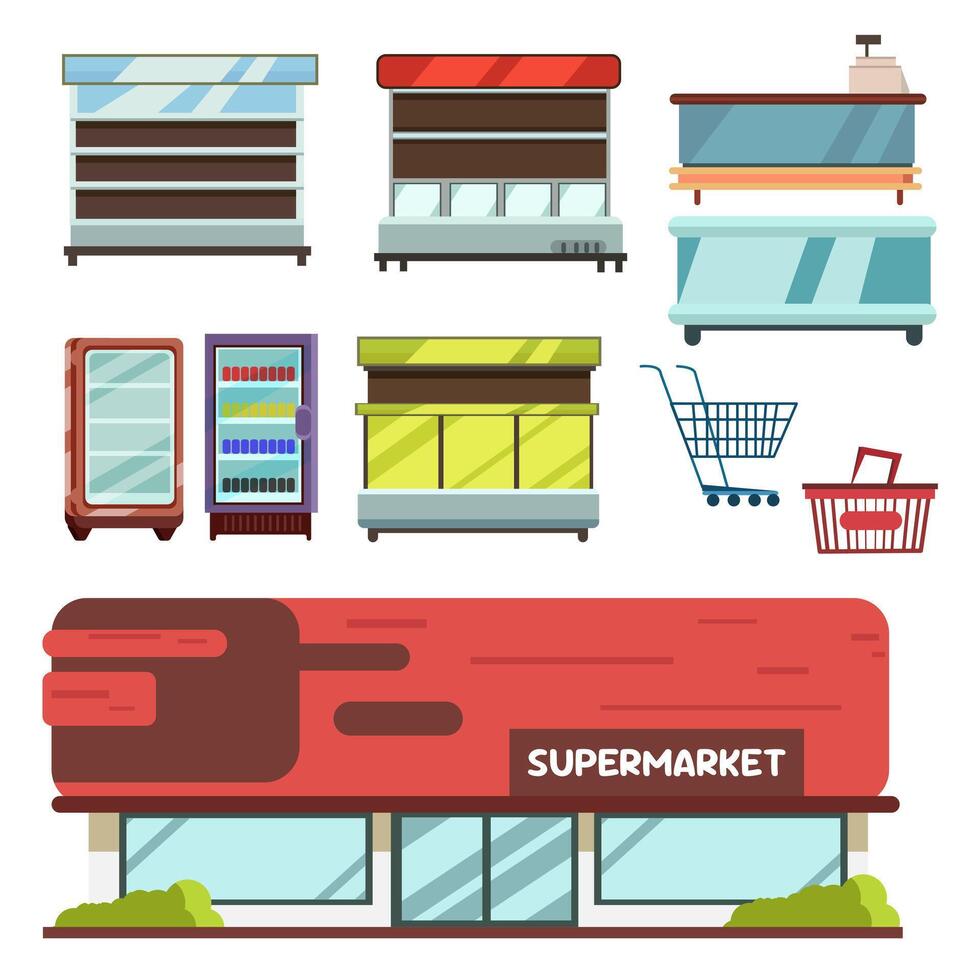 illustration of supermarket building with product display cases, shopping cart and basket Ideal for advertising grocery stores and retail concepts vector