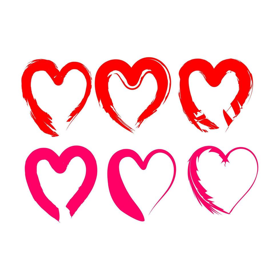 Grunge heart set pink and red, brush stroke style heart collection vector