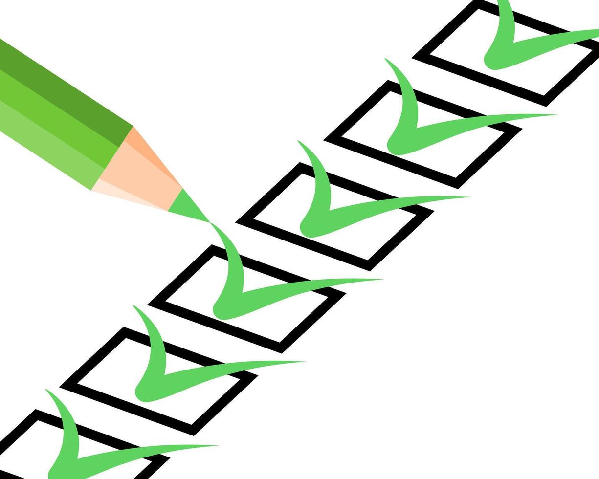 Green Marking on Checklist box with pencil. Isolated on White. vector